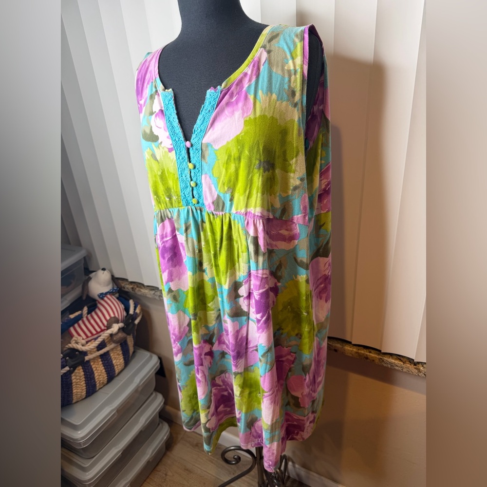 Caribbean Joe Floral Sleeveless Dress Blue Embroidered Neckline Accents Size 1X - Picture 2 of 7